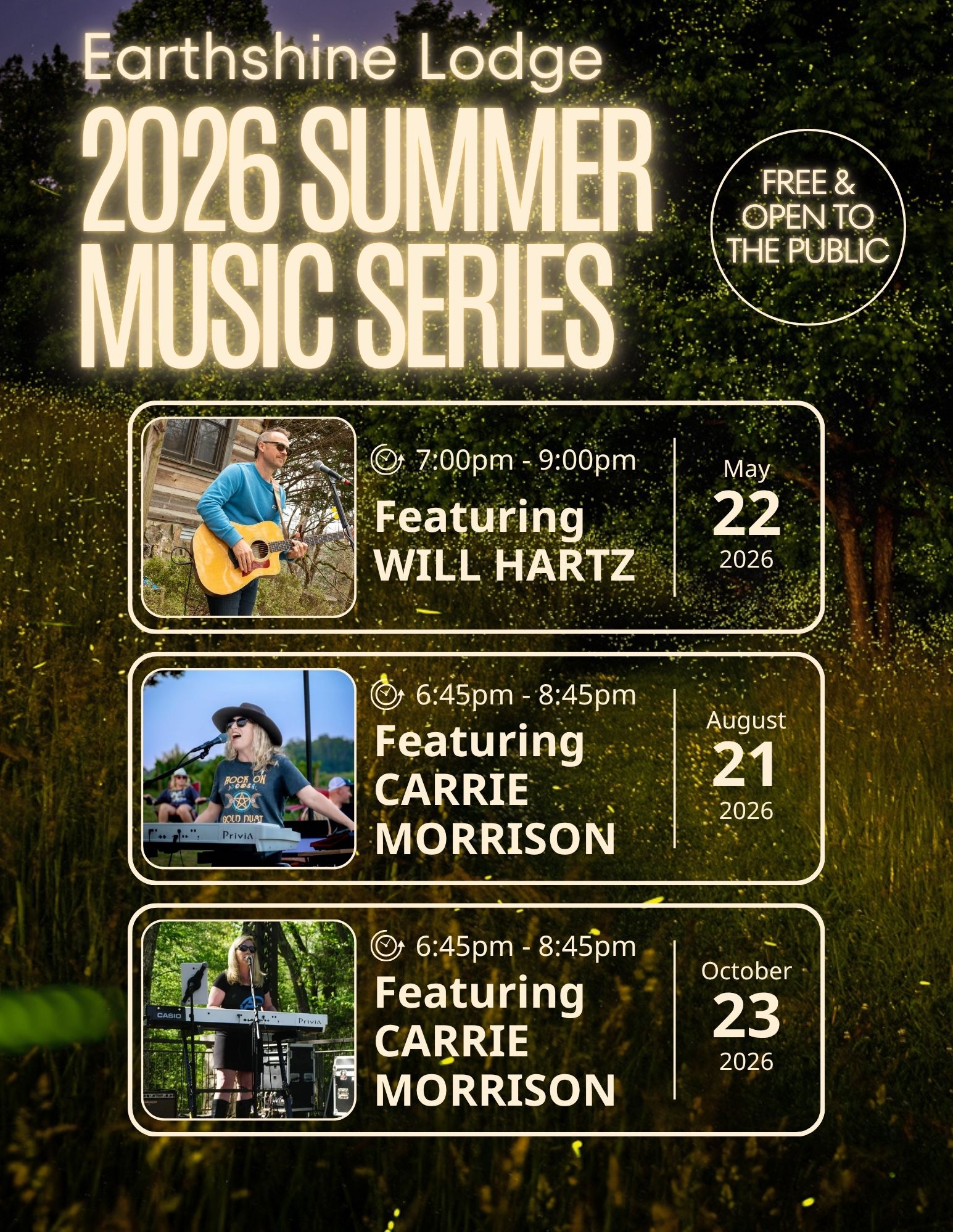 Summer Music Series - FREE and open to the public - Earthshine Lodge